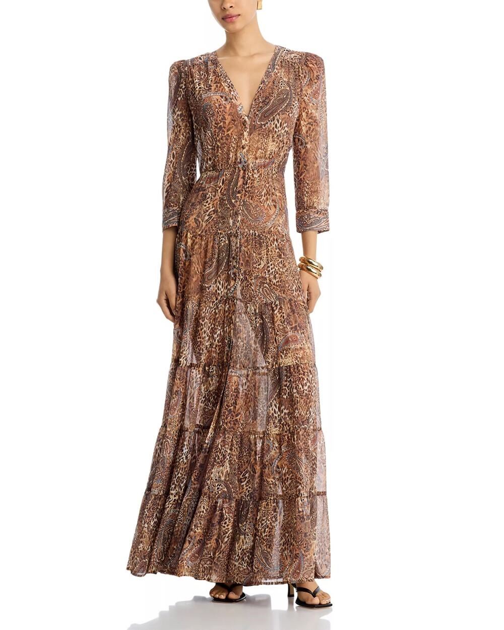 L'AGENCE Women Cheetah Paisley Semisheer Seraphina Tiered Maxi Dress Size L
